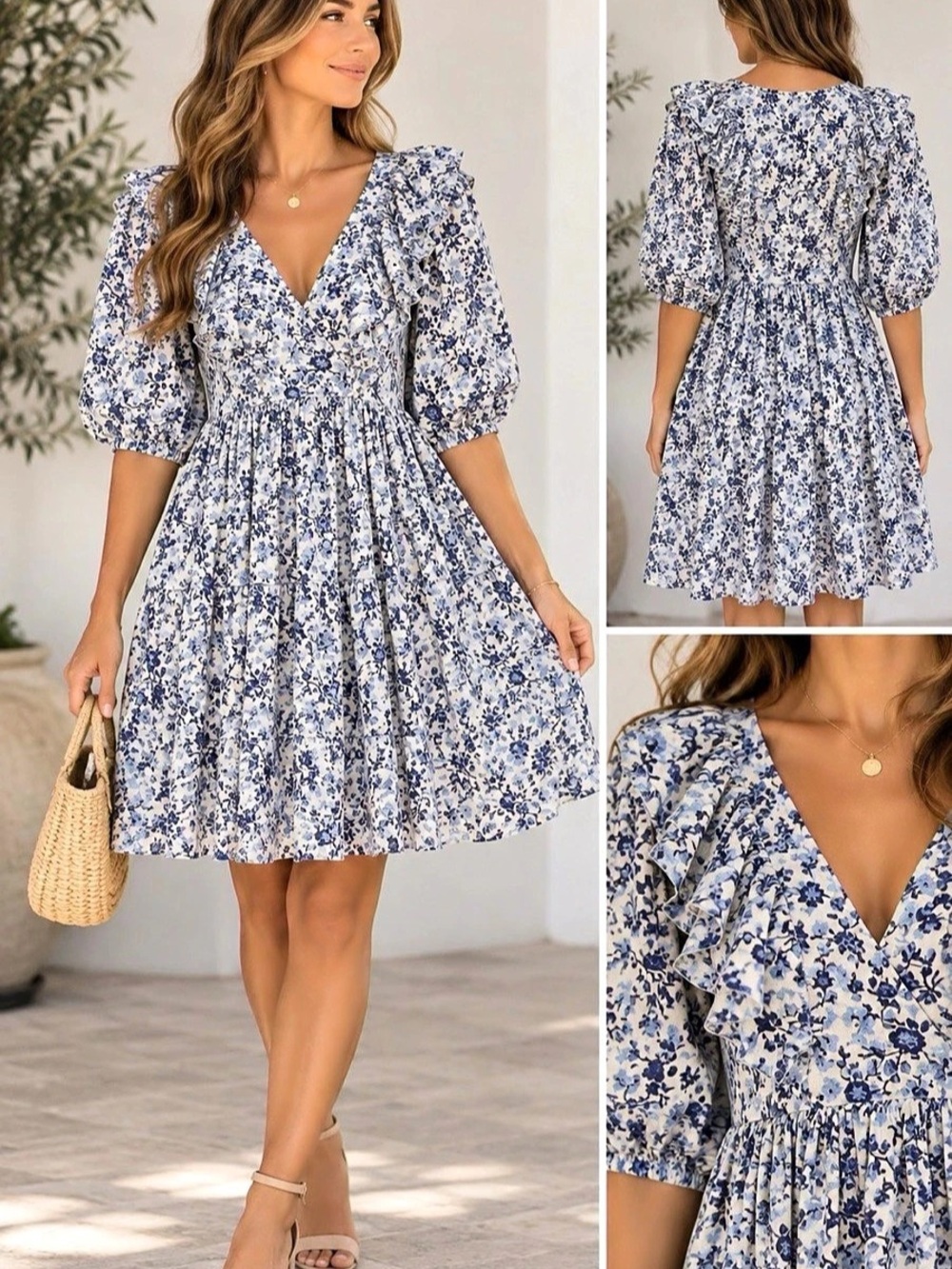 Floral Mini Dress in Blue & White Like New